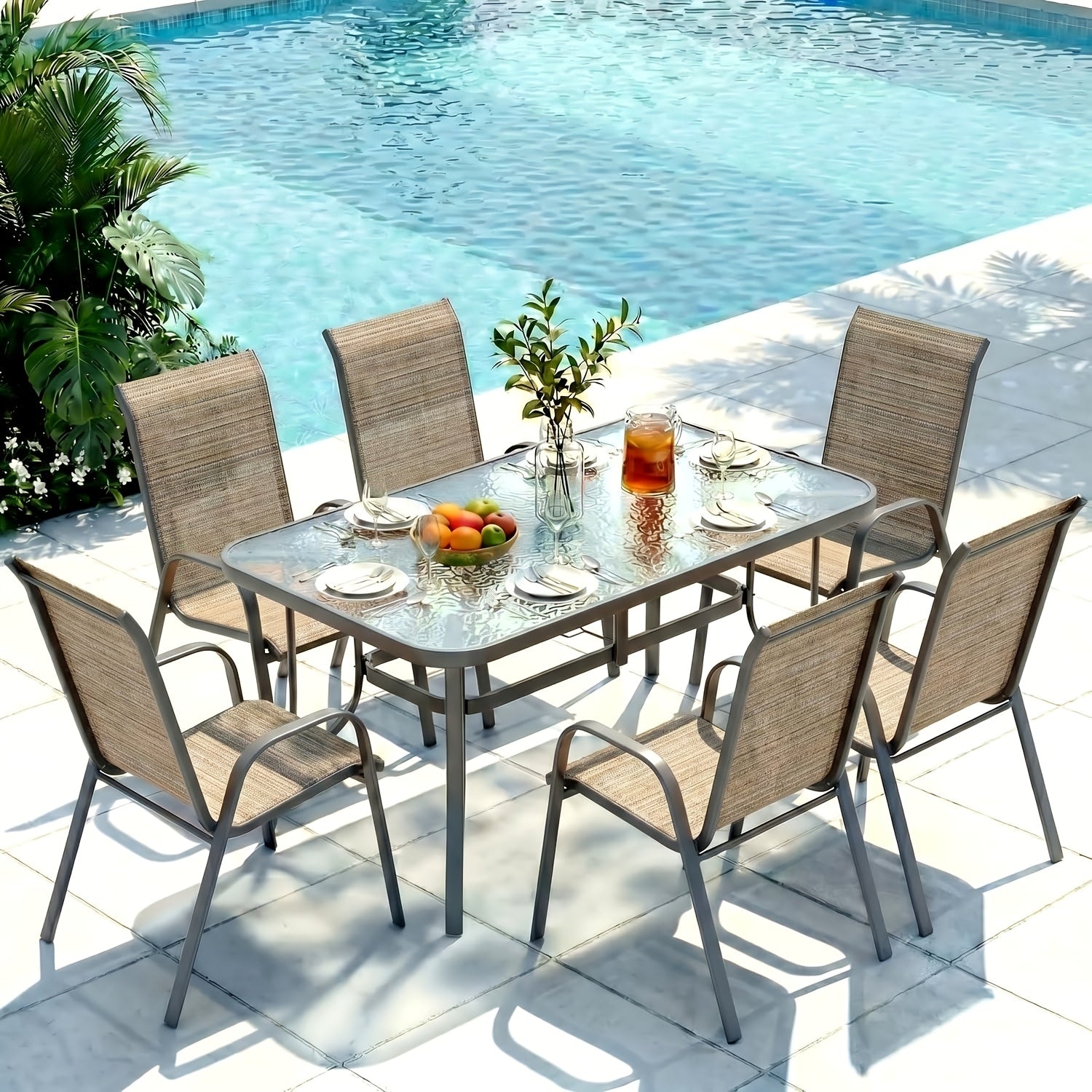 [All Weather Patio Set] Patio Dining Set for 6, Outdoor Table And Chairs W/ 1.69" Umbrella Hole, 30" X 55" Table And Stackable Textilene Chair, All Weather Patio Furniture Set (Umbrella Not Included)
