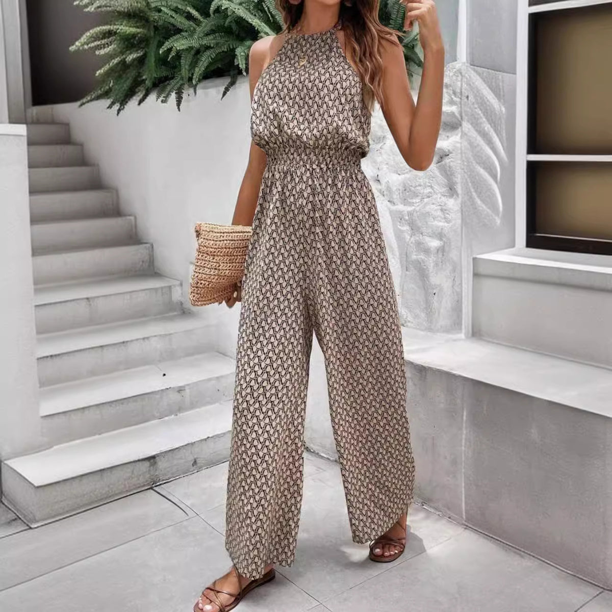 Chic Geometric Leopard Print Sleeveless Wide-Leg Jumpsuit