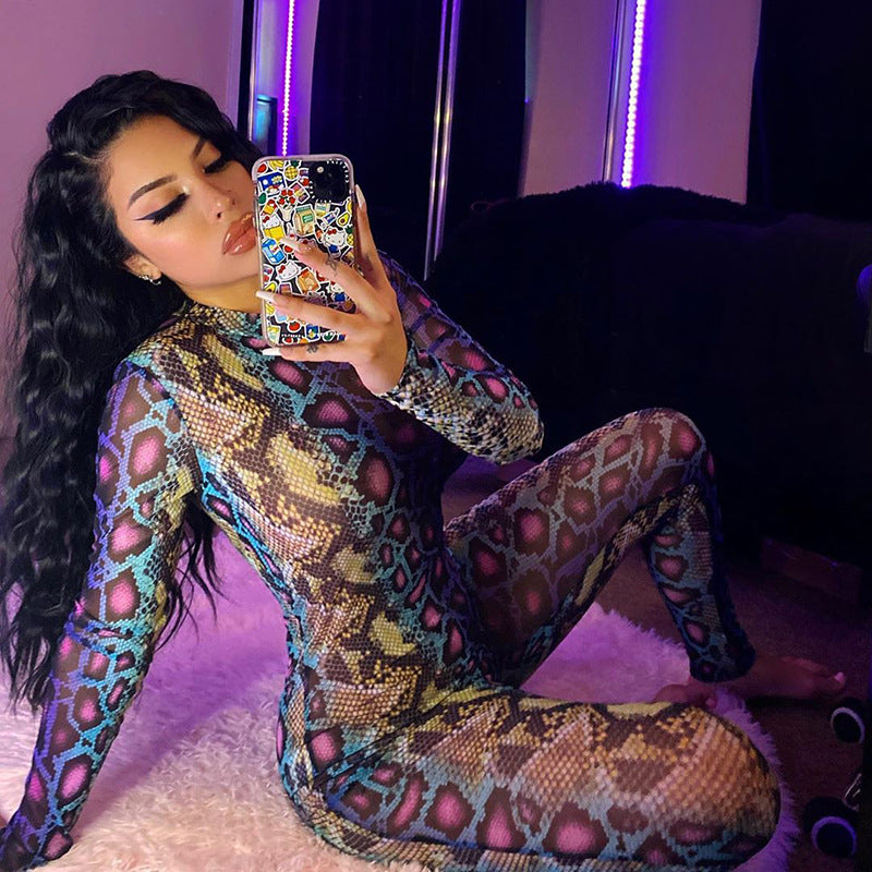 Women's Snake Print Long Sleeve Slim Jumpsuit