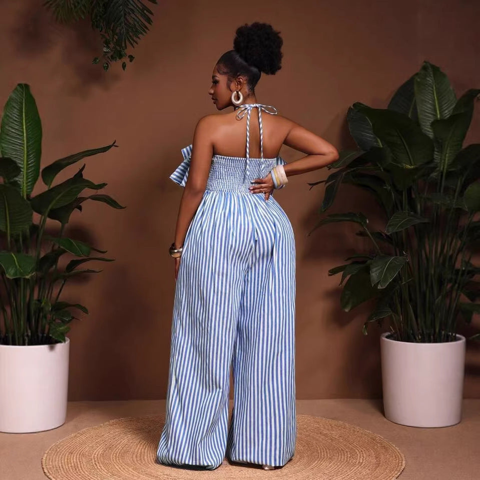Striped Lace-Up Backless Halter Wide-Leg Jumpsuit