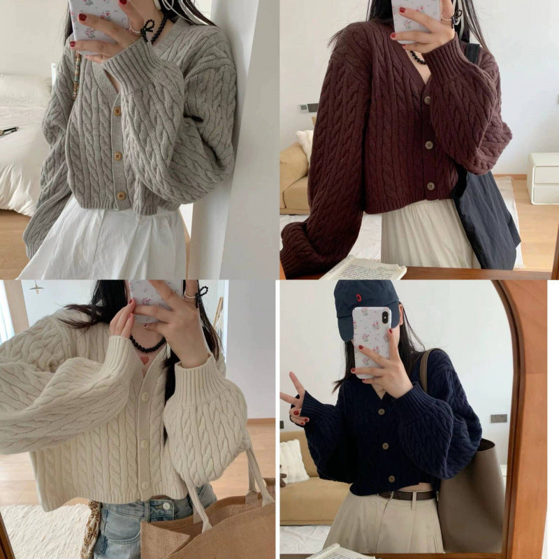 Twist Outer Wear V-neck Sweater Needle Woven Women's Cardigan