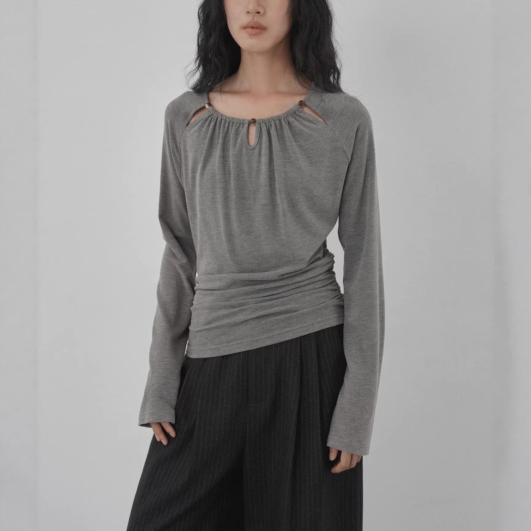 Ruched Long Sleeve Top for Women – Soft Knit Cotton, Flattering Fit