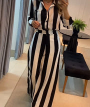 Chic Striped Button Shirt & Wide Leg Pants Set