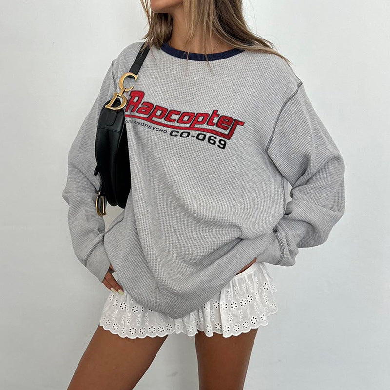 Retro Contrast Color Waffle Knit Long Sleeve Top