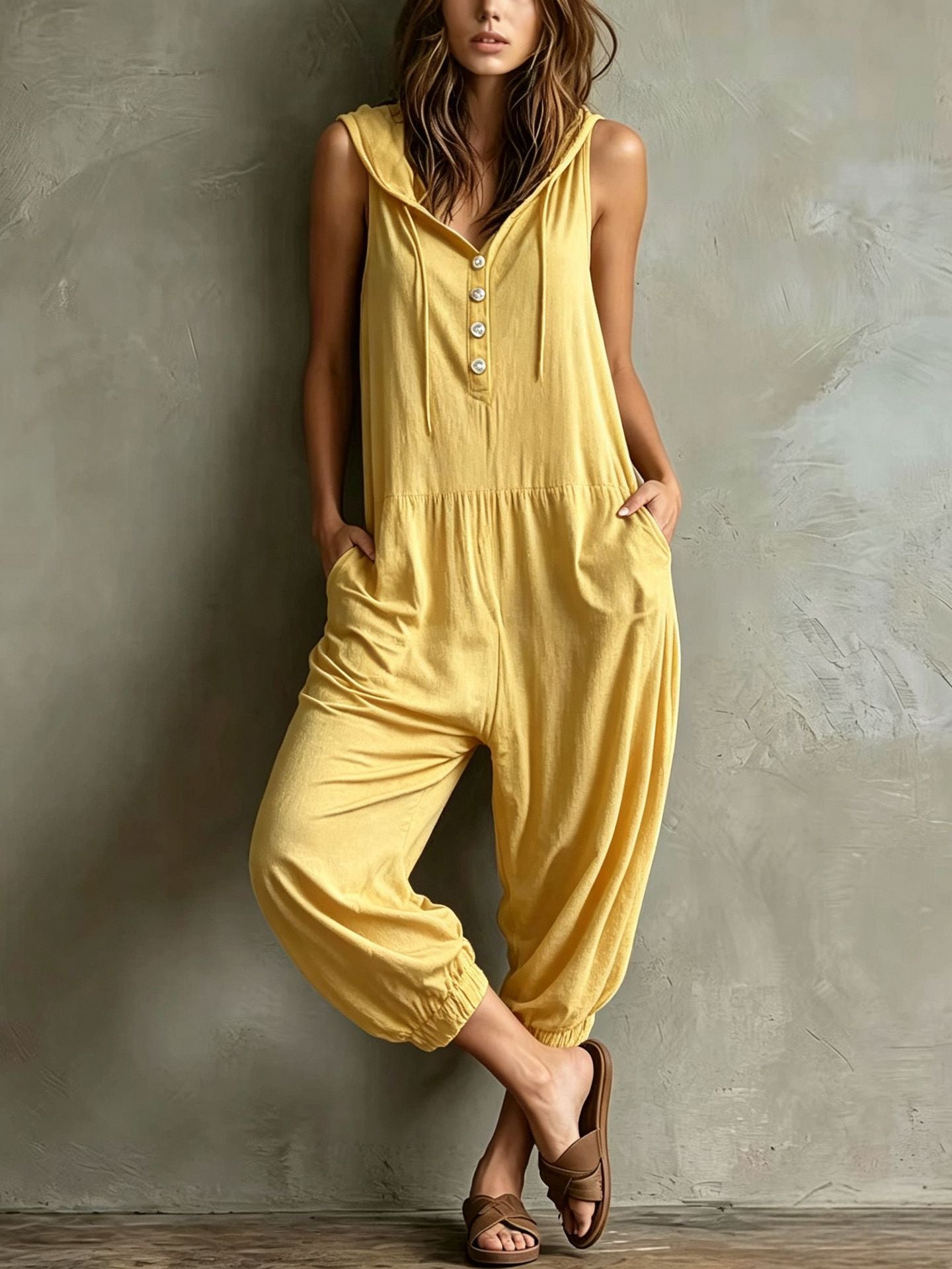 Casual Sleeveless Hooded Jumpsuit with Pockets