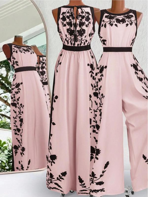 Elegant Sleeveless Printed Open-Back Casual Jumpsuit