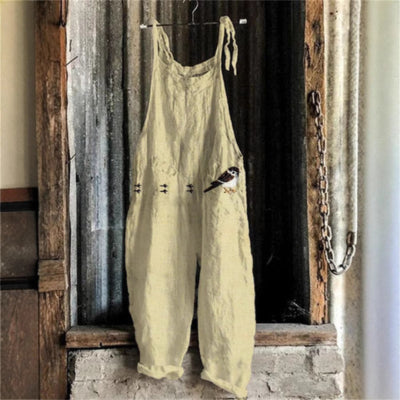 Women's Retro Printed Strap Jumpsuit Linen Pants