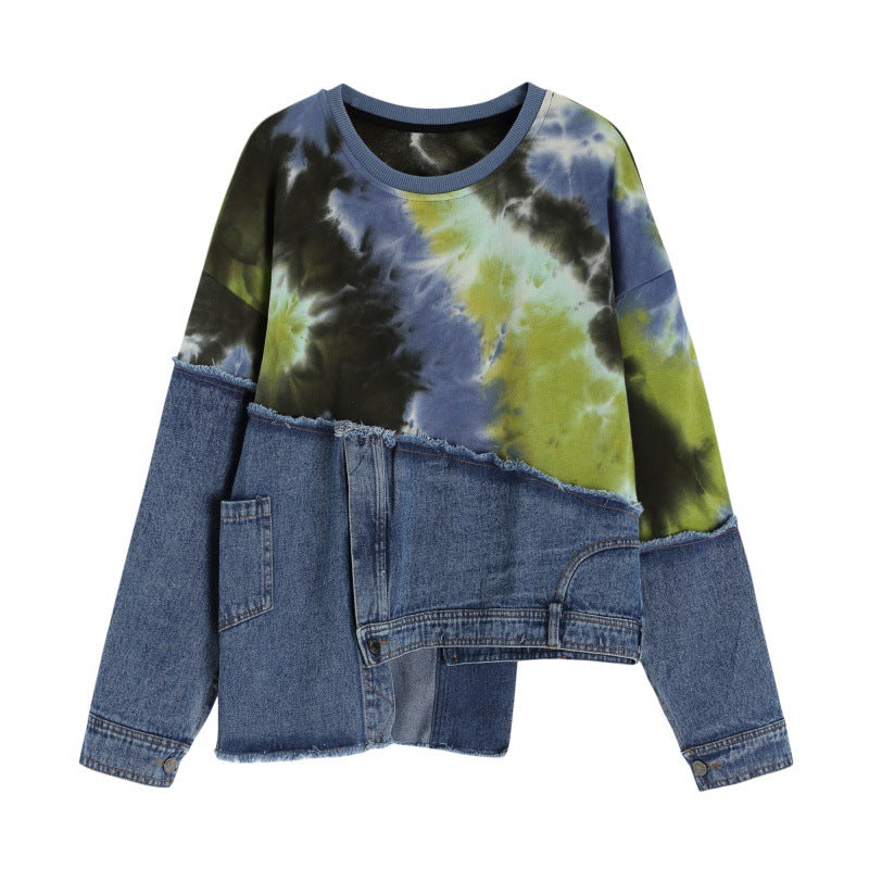 Tie-Dye Denim Stitching Loose Long-Sleeve Sweater