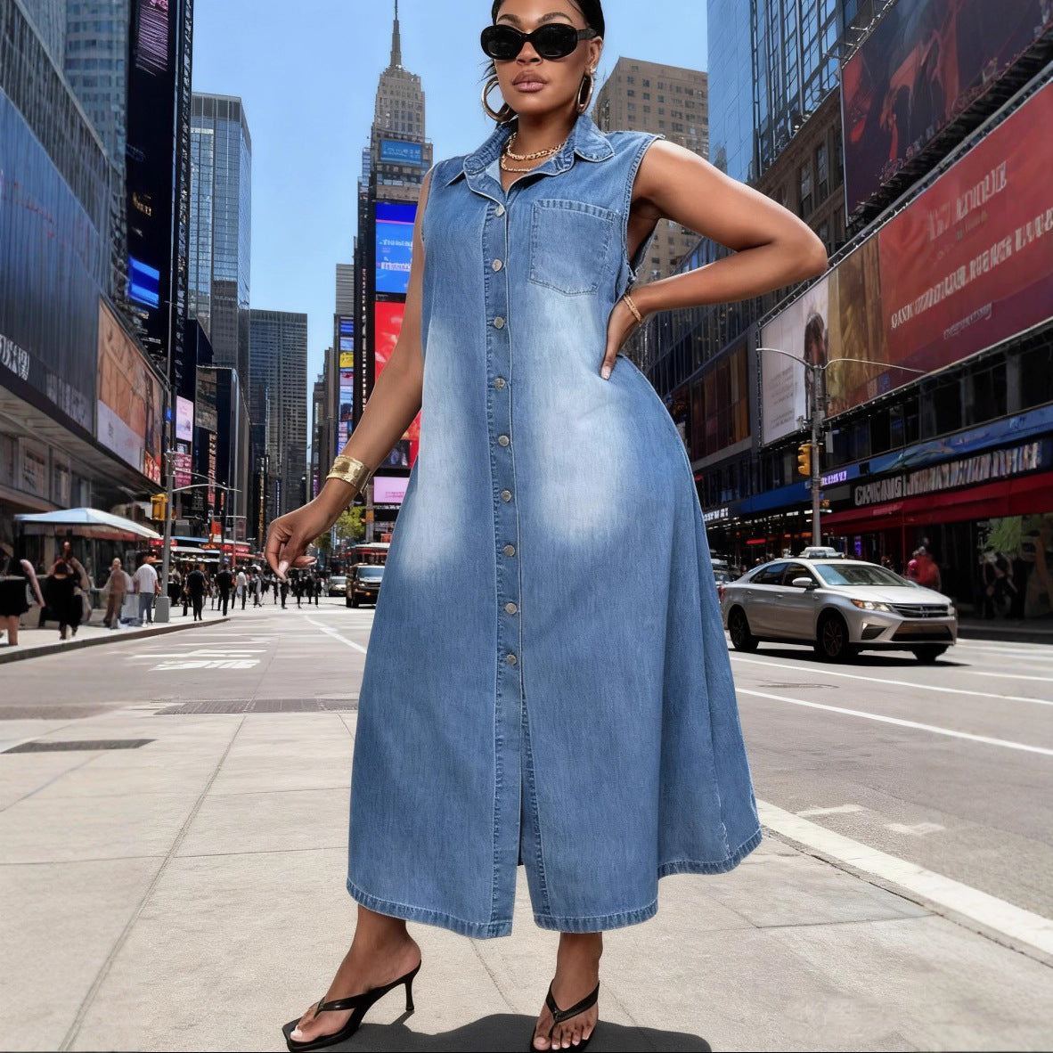 Womens Sleeveless Single-breasted Denim Dress