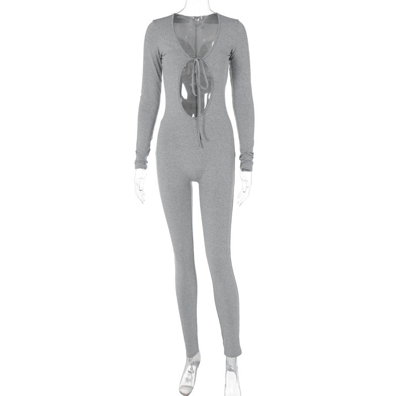 Slim-Fit Long Sleeve Chest Hollow Jumpsuit