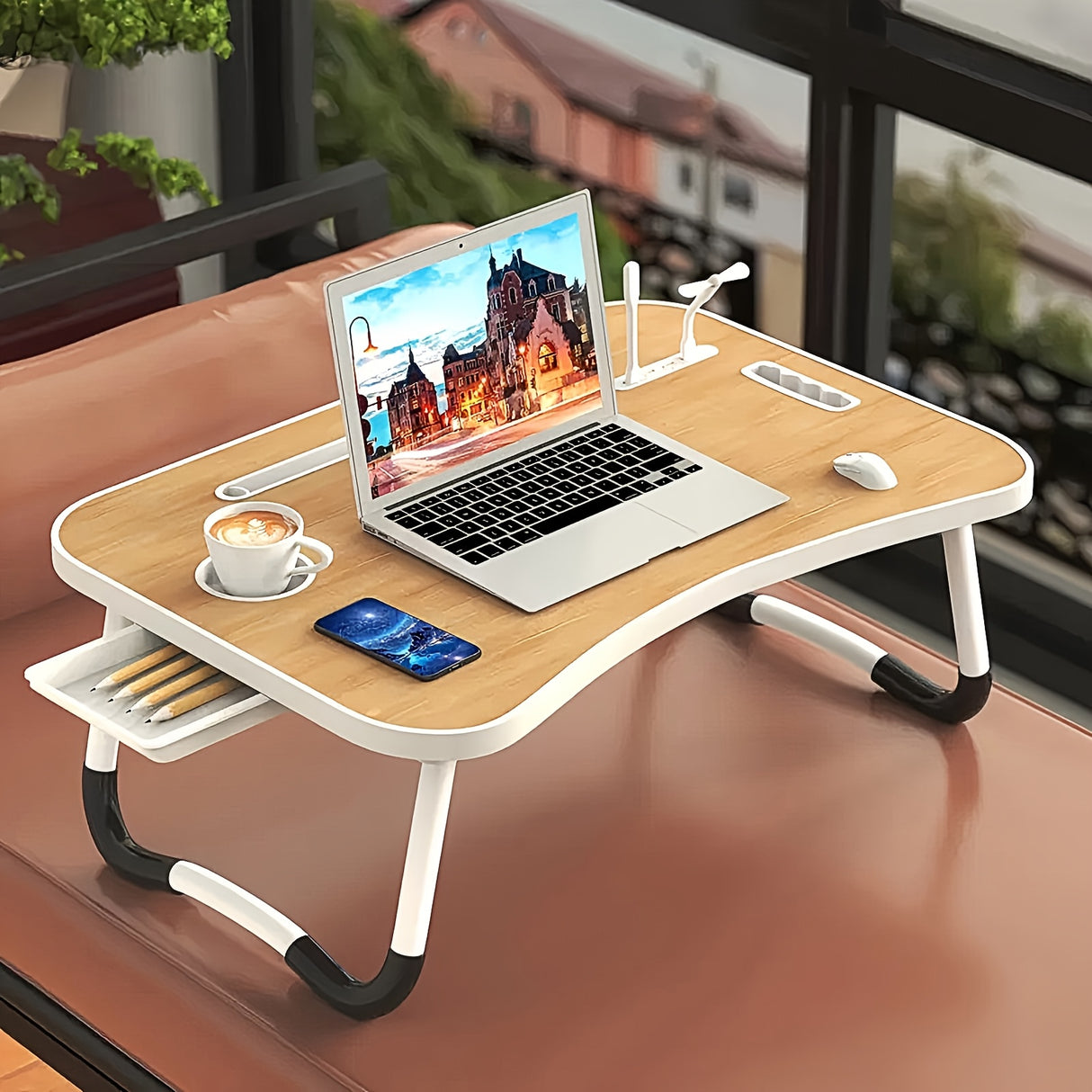 Multifunctional Leg Rest Table With Cup Holder And Drawer, USB, Fan, Light - Portable Foldable Tray For Laptop, Breakfast In Bed, Reading And Writing On Sofa/Couch, Laptop Desk On Bed, School Supplies