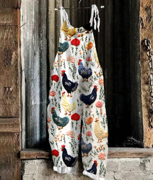 Vintage Sweet Print Loose Suspender Pants for Women