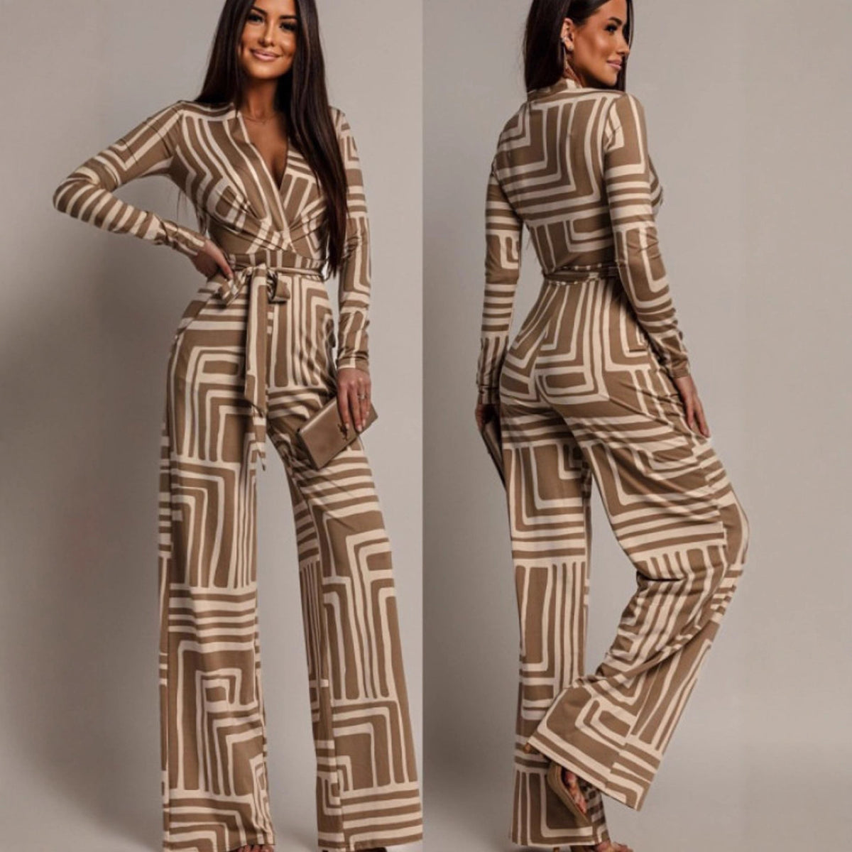 Elegant Deep V-Neck Long-Sleeve Wide-Leg Jumpsuit