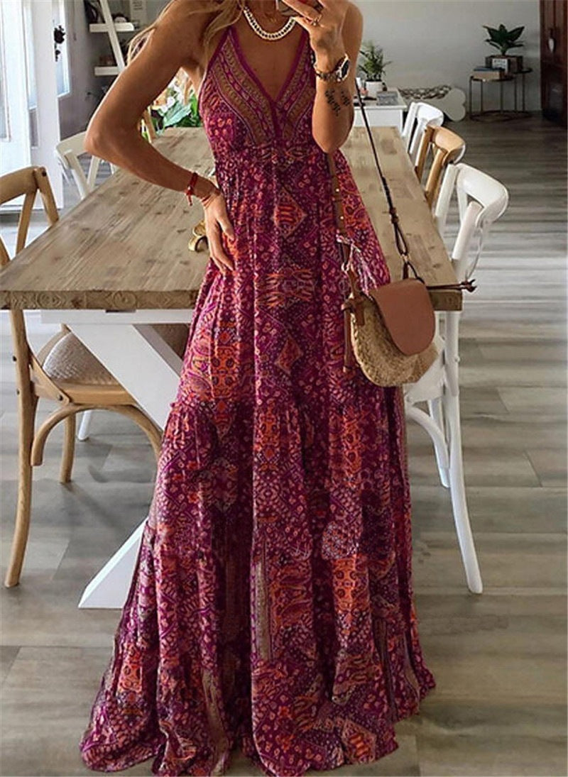 Bohemian Floral V-Neck Summer Vacation Dress