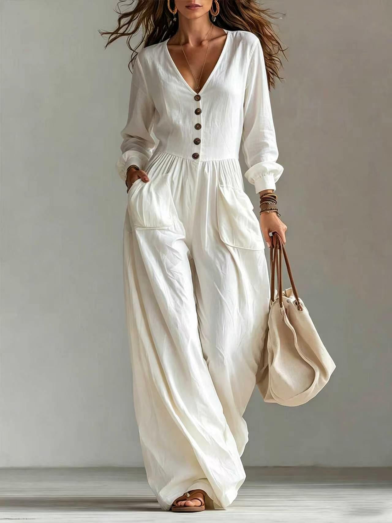 New Autumnwinter Casual Chic Womens V-neck Long-sleeve Jumpsuit With Pockets
