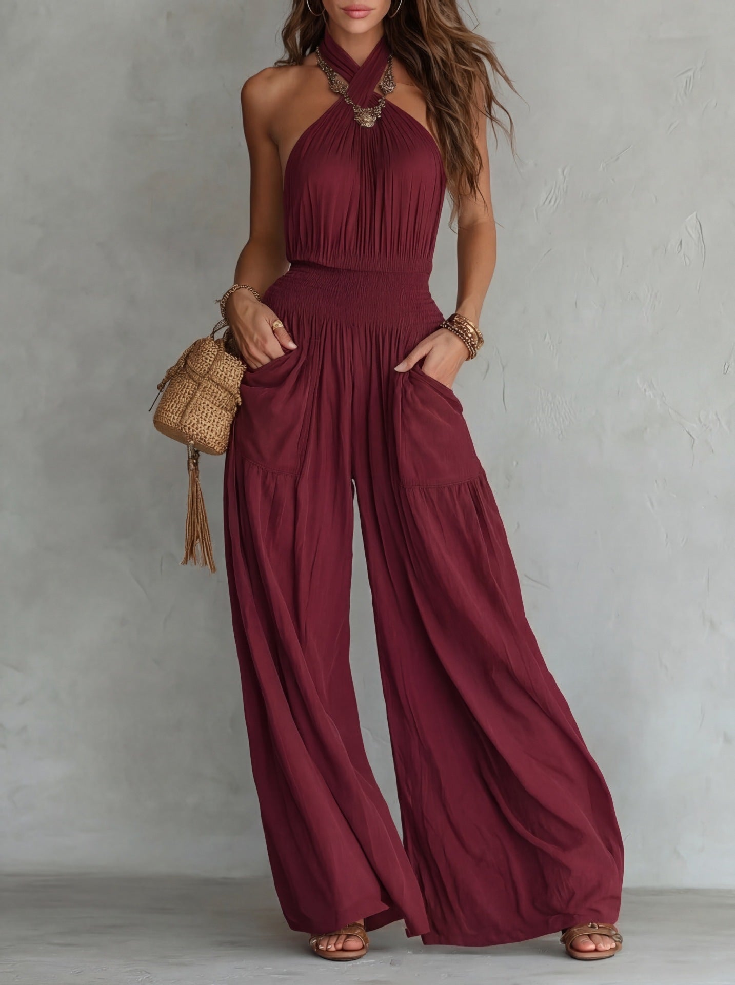 Womens Slim-fit Backless Sleeveless Wide-leg Jumpsuit