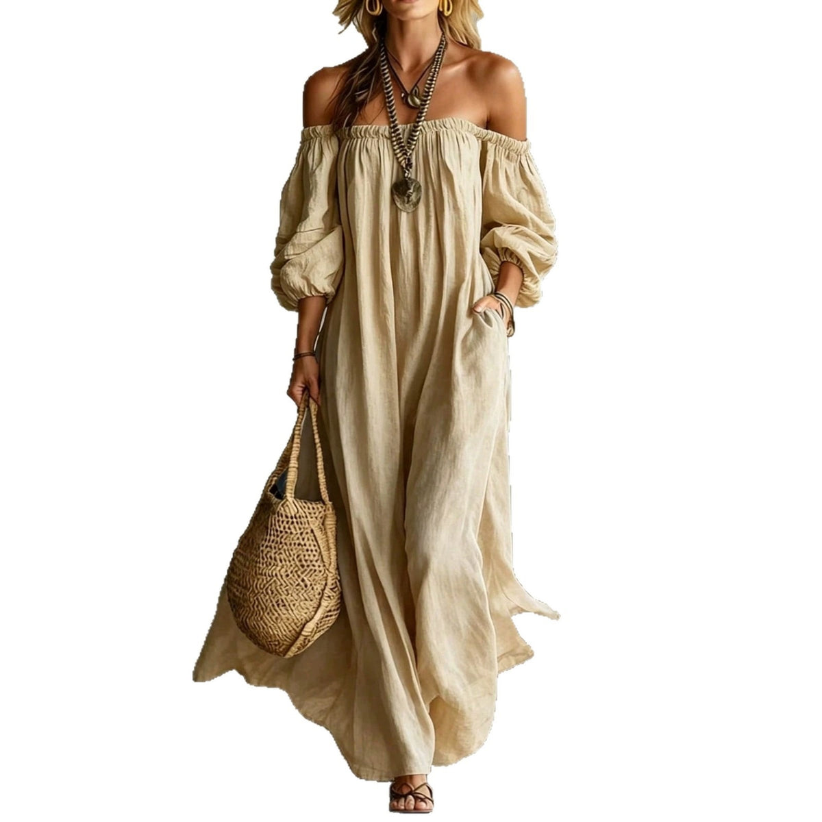 Off-Shoulder Puff-Sleeve Long Dress