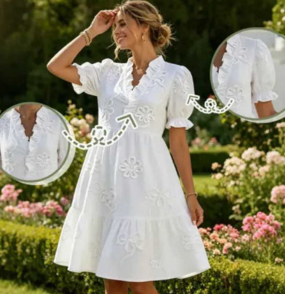 Elegant V-neck Solid-color Jacquard Short-sleeve Dress with Ruffled Trim