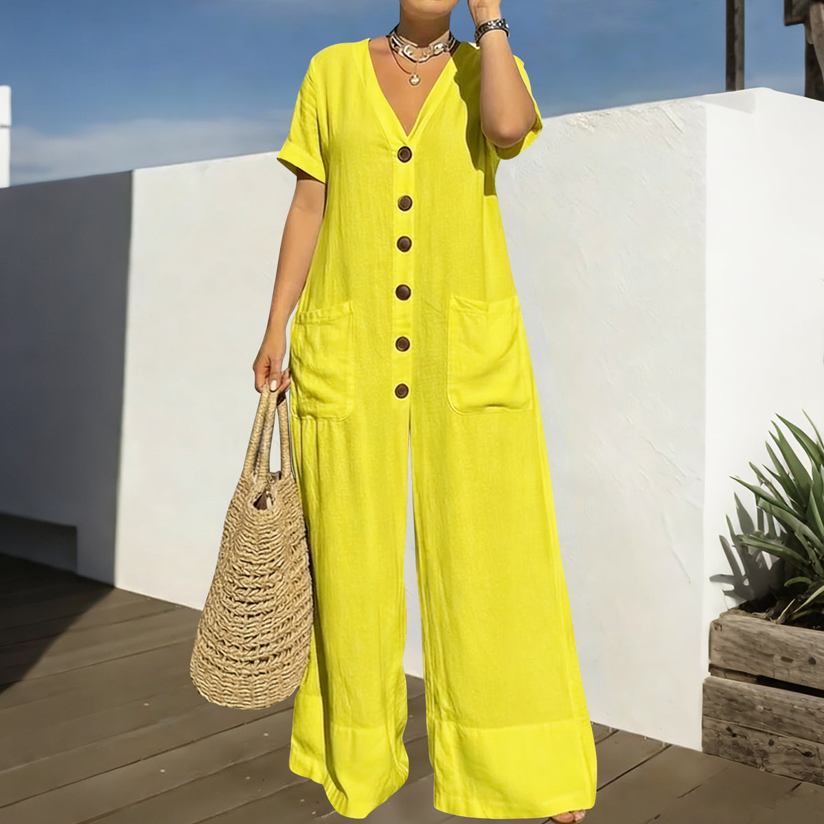 Plus Size Casual V-Neck Button Wide-Leg Jumpsuit