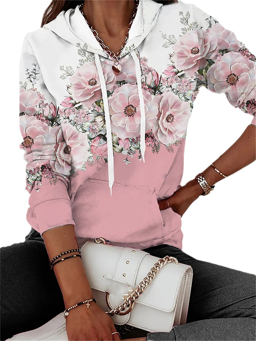 Hooded Sweater Floral Print Leisure Pullover Long Sleeve