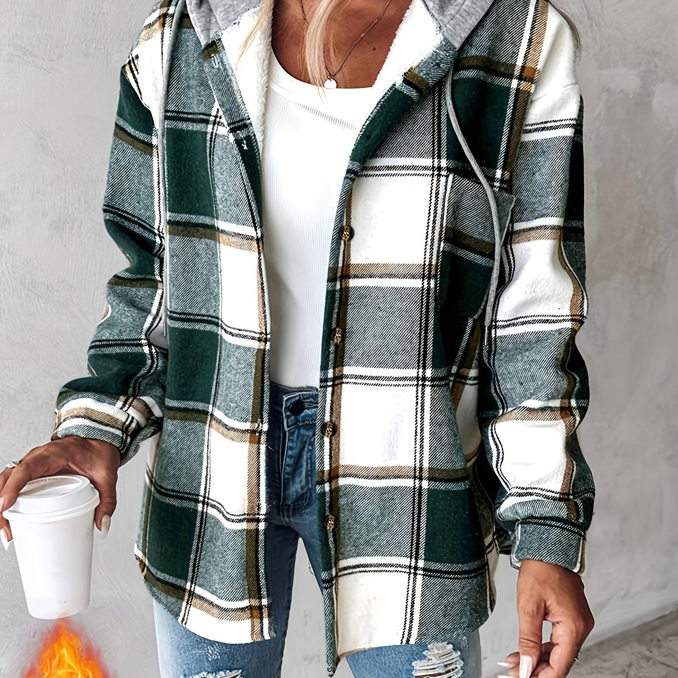 Women's Plaid Hooded Jacket with Fleece Lining