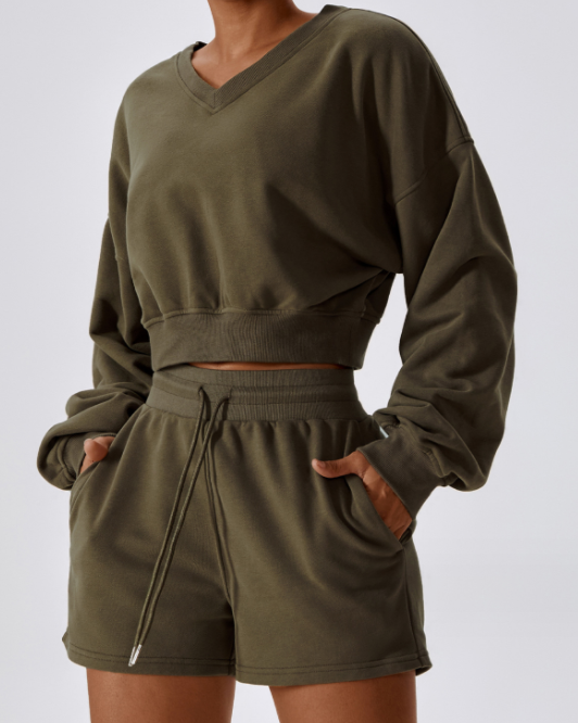 Women's Outdoor Keep Warm V-neck Pullover Leisure Loose Long Sleeve Sweatshirt