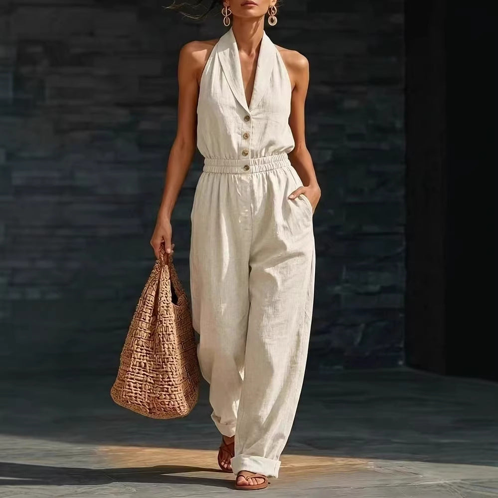 Fashionable Solid-Color Slimming V-Neck Jumpsuit
