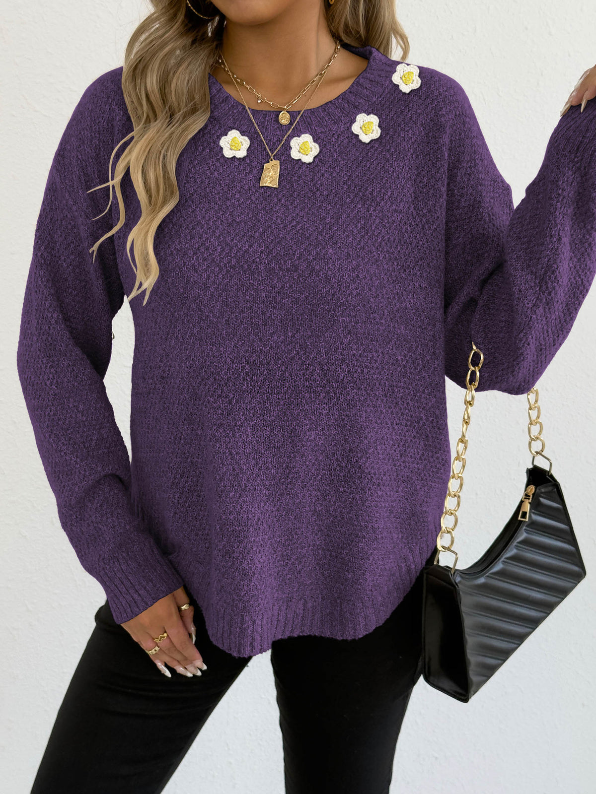 Women's Crochet Patchwork Round Neck Comfort and Casual Sweater