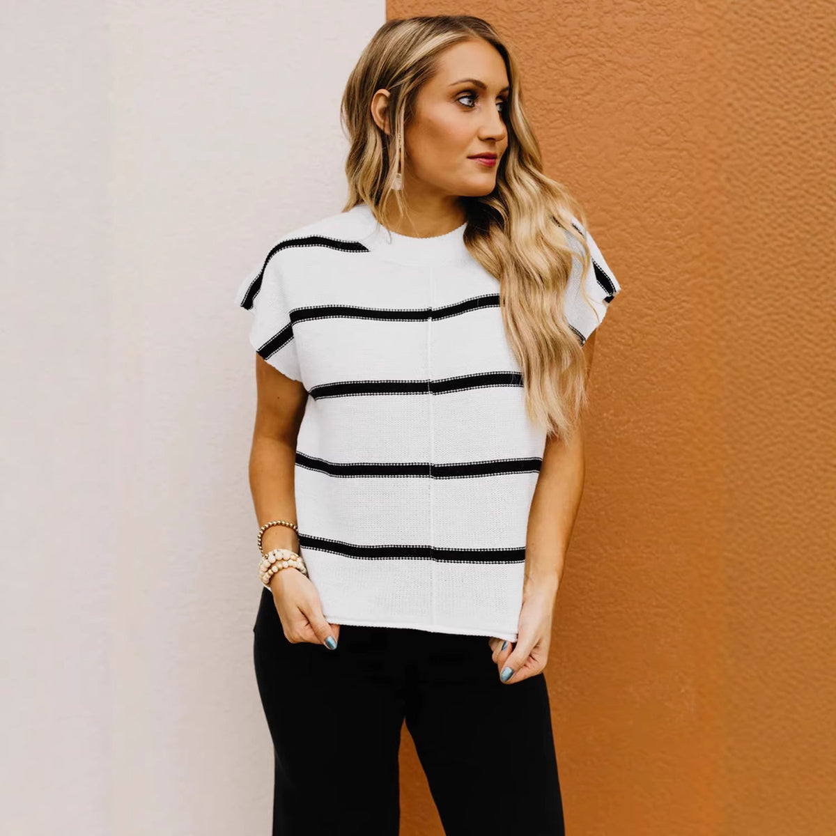 Womens Casual All-match Loose Striped Print Pullover Short-sleeve Sweater