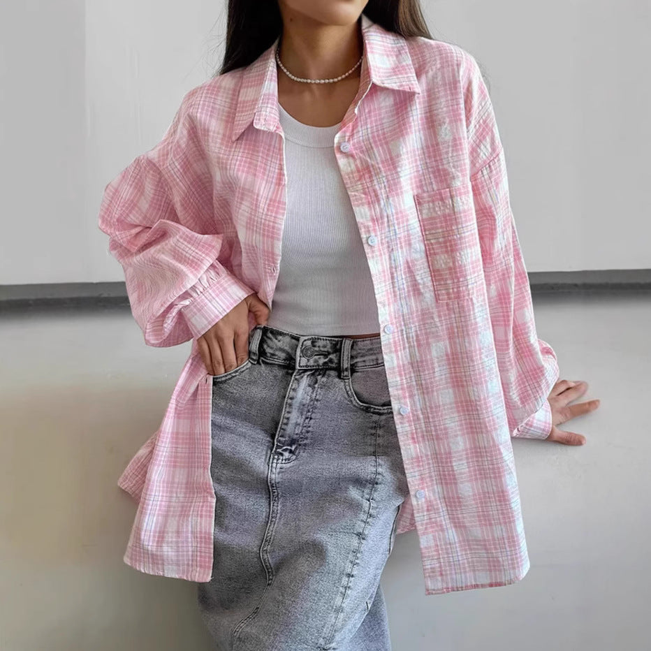 Plaid Shirt Womens Street-Style Outer Layering Loose Long-Sleeve Blouse