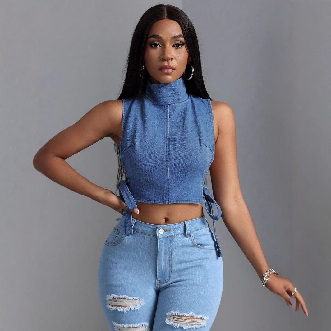 Sexy Lace-Up Denim Crop Top – Slim Fit Streetwear