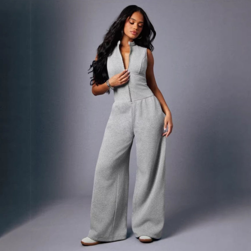 Chic Sleeveless Zip-Front Wide-Leg Jumpsuit