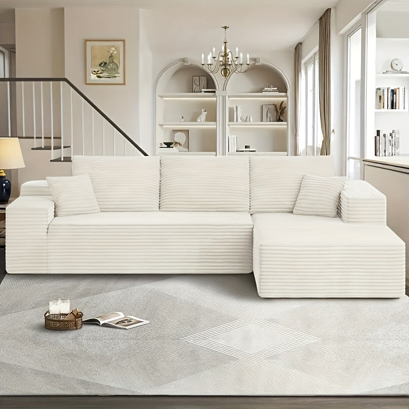 Modular L-shaped chaise longue sofa bed with deep seat and corduroy upholstery