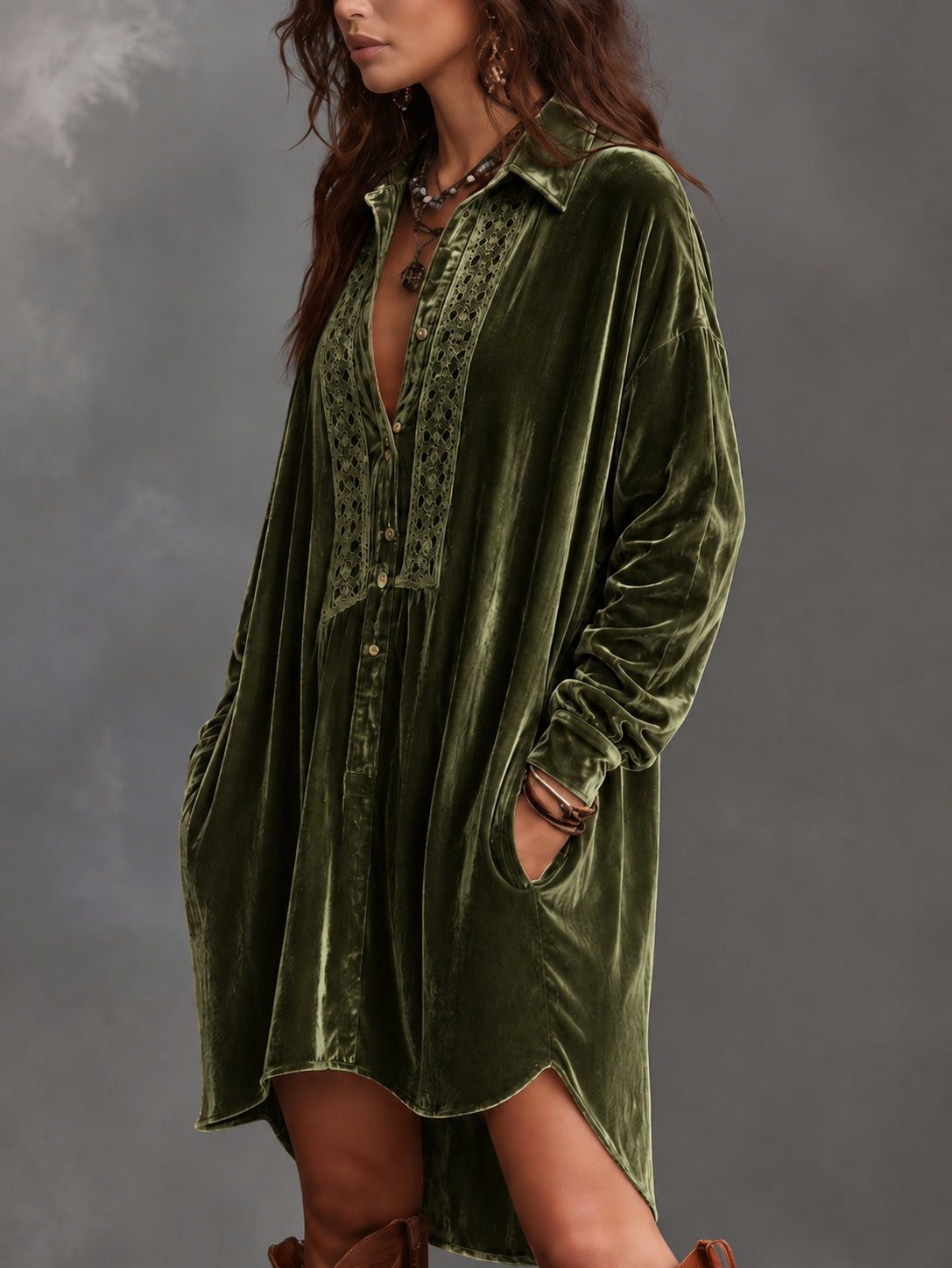 Women's Velvet Loose-Fit Lapel Dress