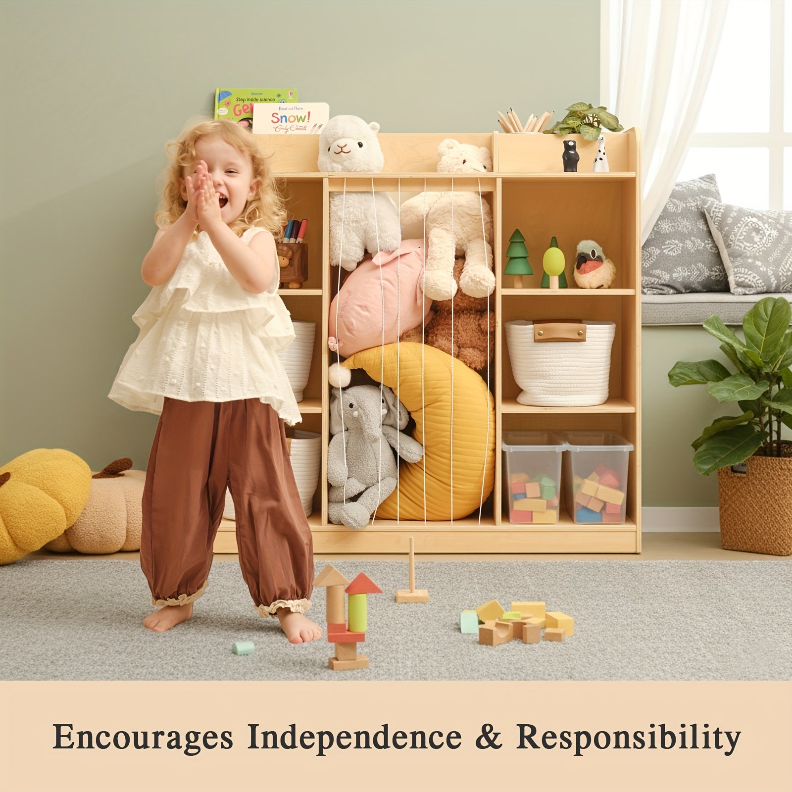 Solid Wood 2‑in‑1 Dollhouse Storage Cabinet and Bookshelf Organizer