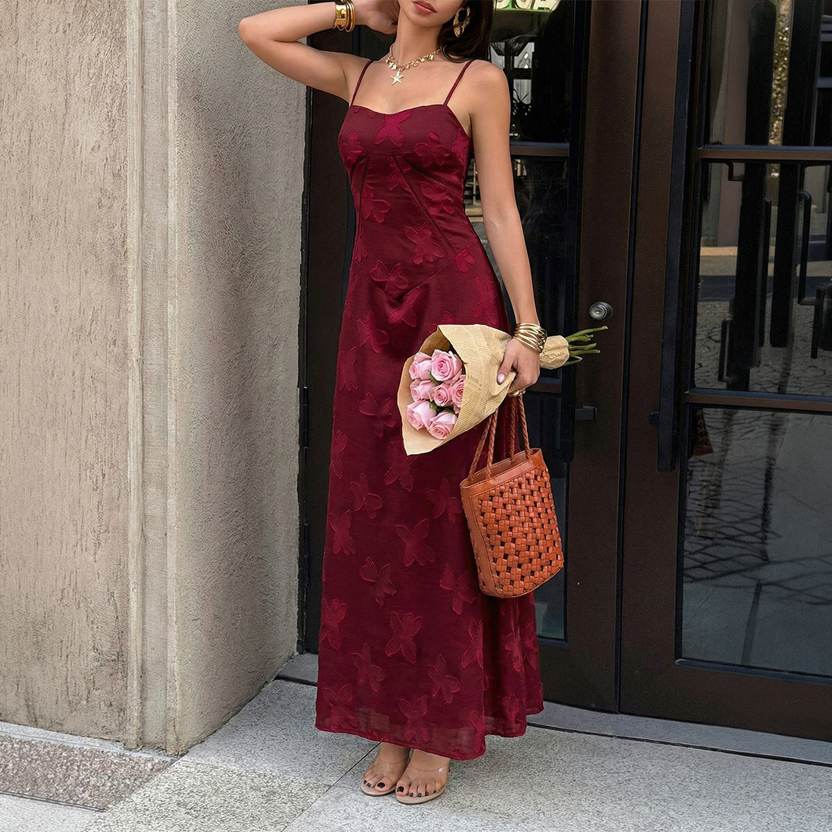 Jacquard Strap Waist-cinching Dress for Women