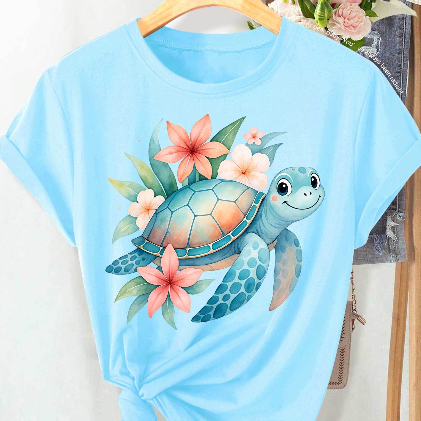 Women's Short Sleeve Round Neck Tunic with Smiling Sea Turtle and Tropical Floral Print