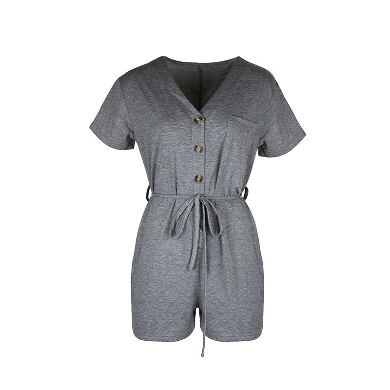 Elegant Solid Color Casual Belted Short Jumpsuit