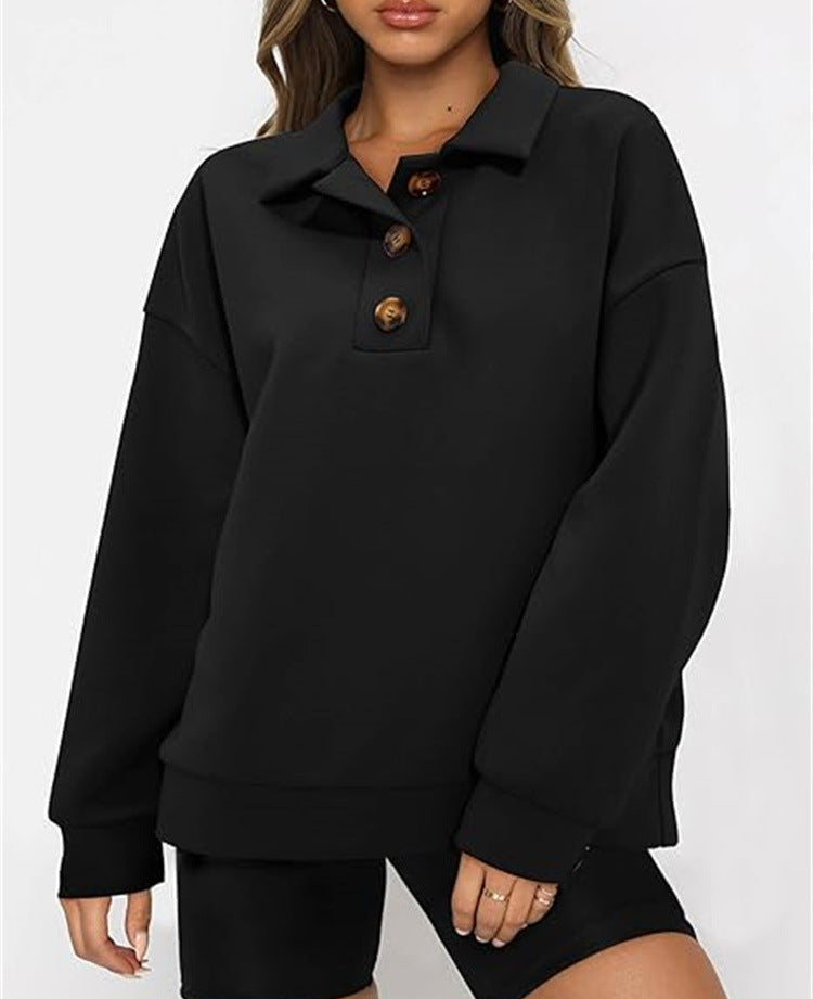 Cozy Solid Color Polo Collar Loose Long Sleeve Sweatshirt