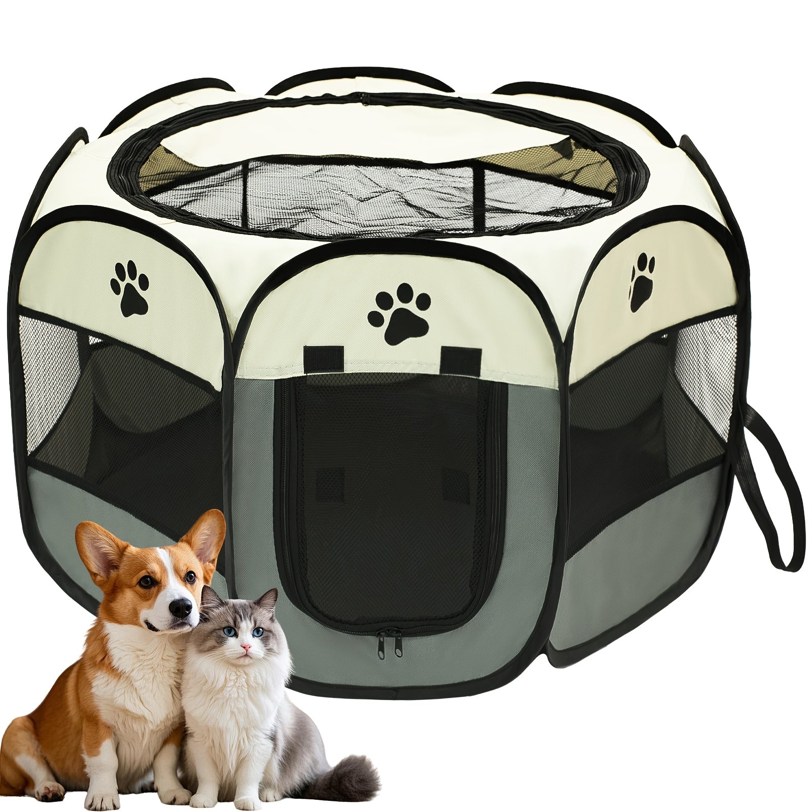 Premium Foldable Octagonal Pet Playpen Tent - Spacious And Scratch-Resistant, Two-Tone Design With Paw Print Accents, Indoor/Outdoor Use (S, M, L), Portable Pet Pen | Travelfriendly Pet Pen | Durab...