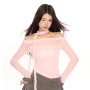 Pure Desire Sexy Off-the-shoulder T-shirt Pleated Slim-fit Top With Scarf