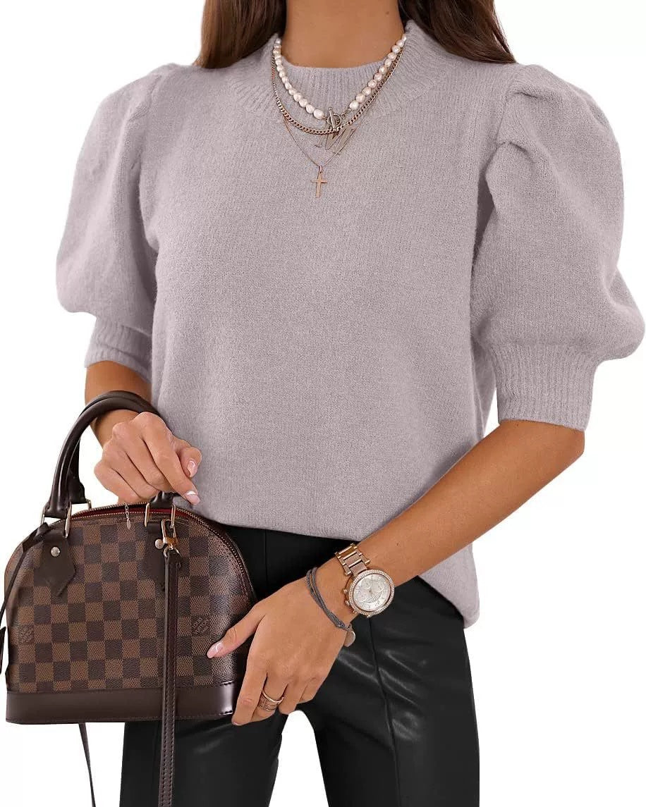Half Turtleneck Lantern Sleeve Sweater Short Sleeve Pleated Sweater