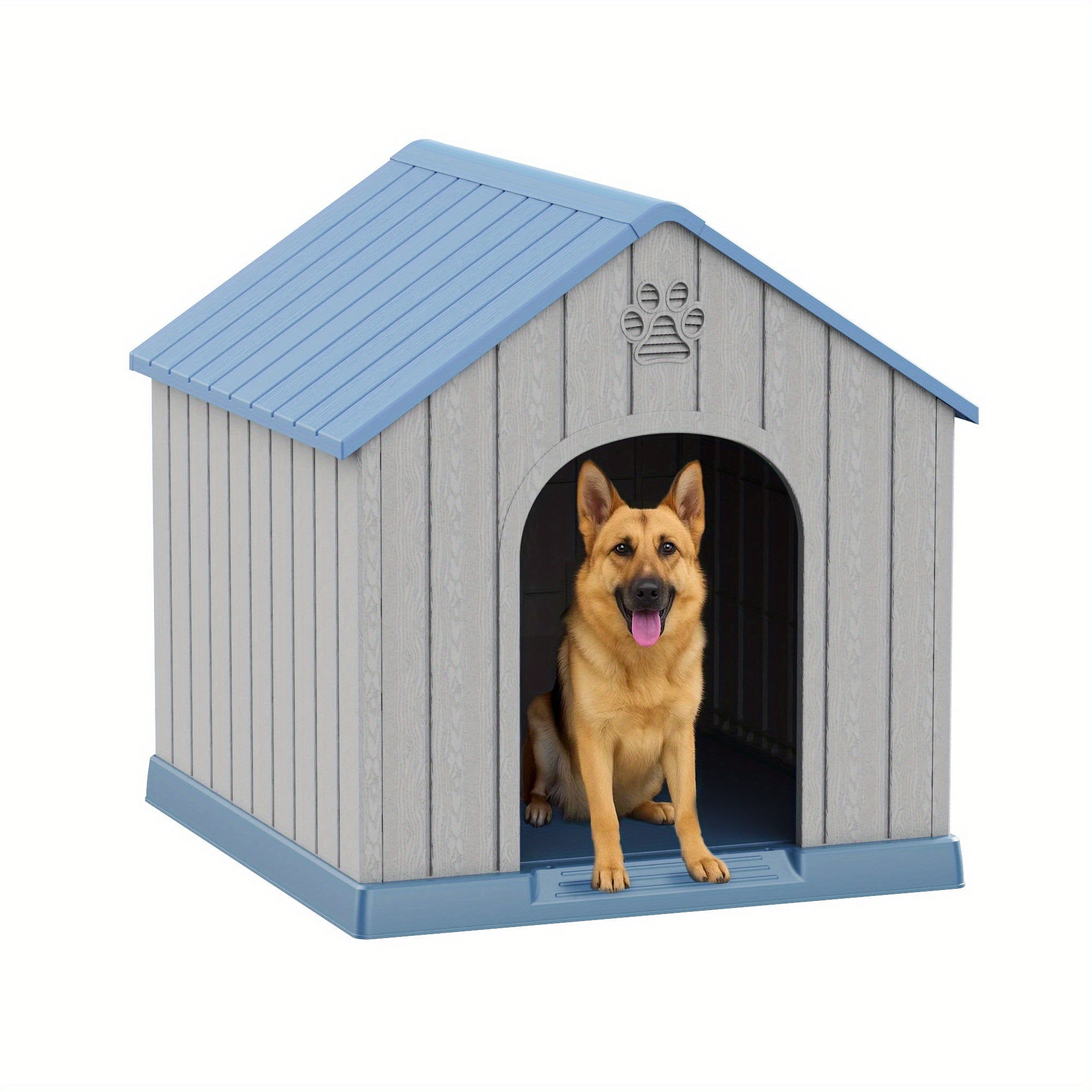 Large Capacity Modern Dog House with Blue Shingled Roof & Window Panels - Heavy-Duty Plastic Construction, Chew-Proof & Waterproof Design, Ventilated Indoor/Outdoor Kennel for