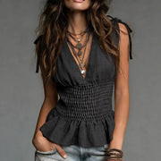 V-neck Strap Vest With Ruching And A Fitted Waist Top