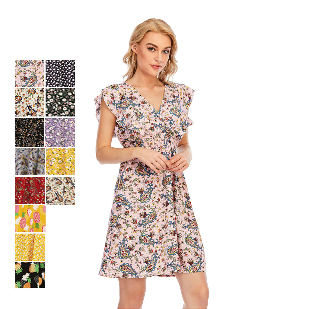 V-neck Chiffon Printed Ruffled Sleeveless Dress