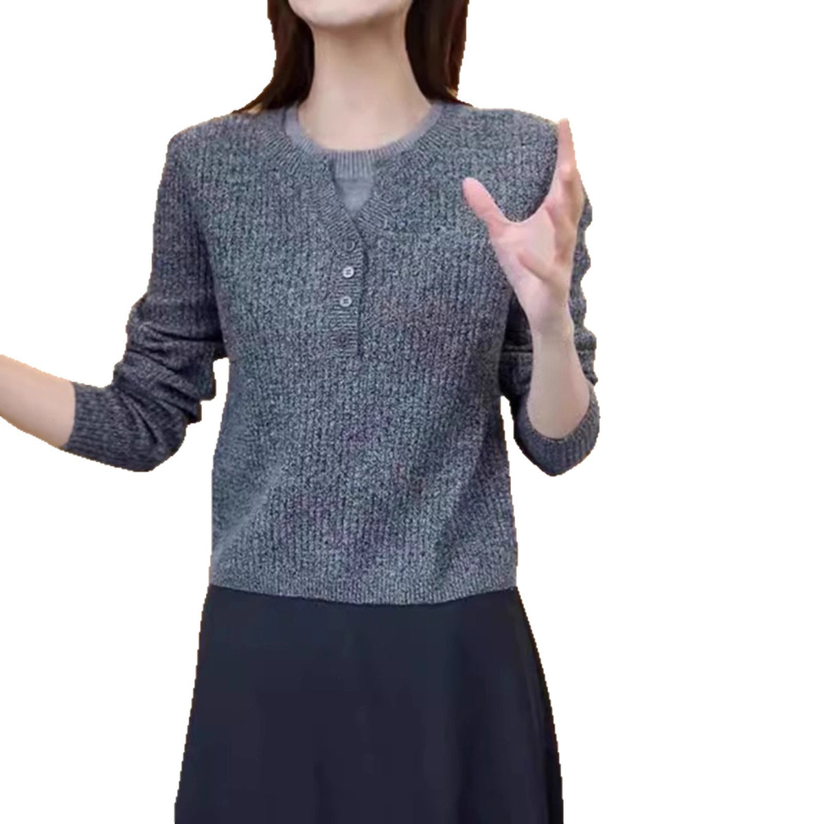Autumn and Winter New Round Neck Fake Two-piece Knitted Sweaters Women's Warm Padded Top