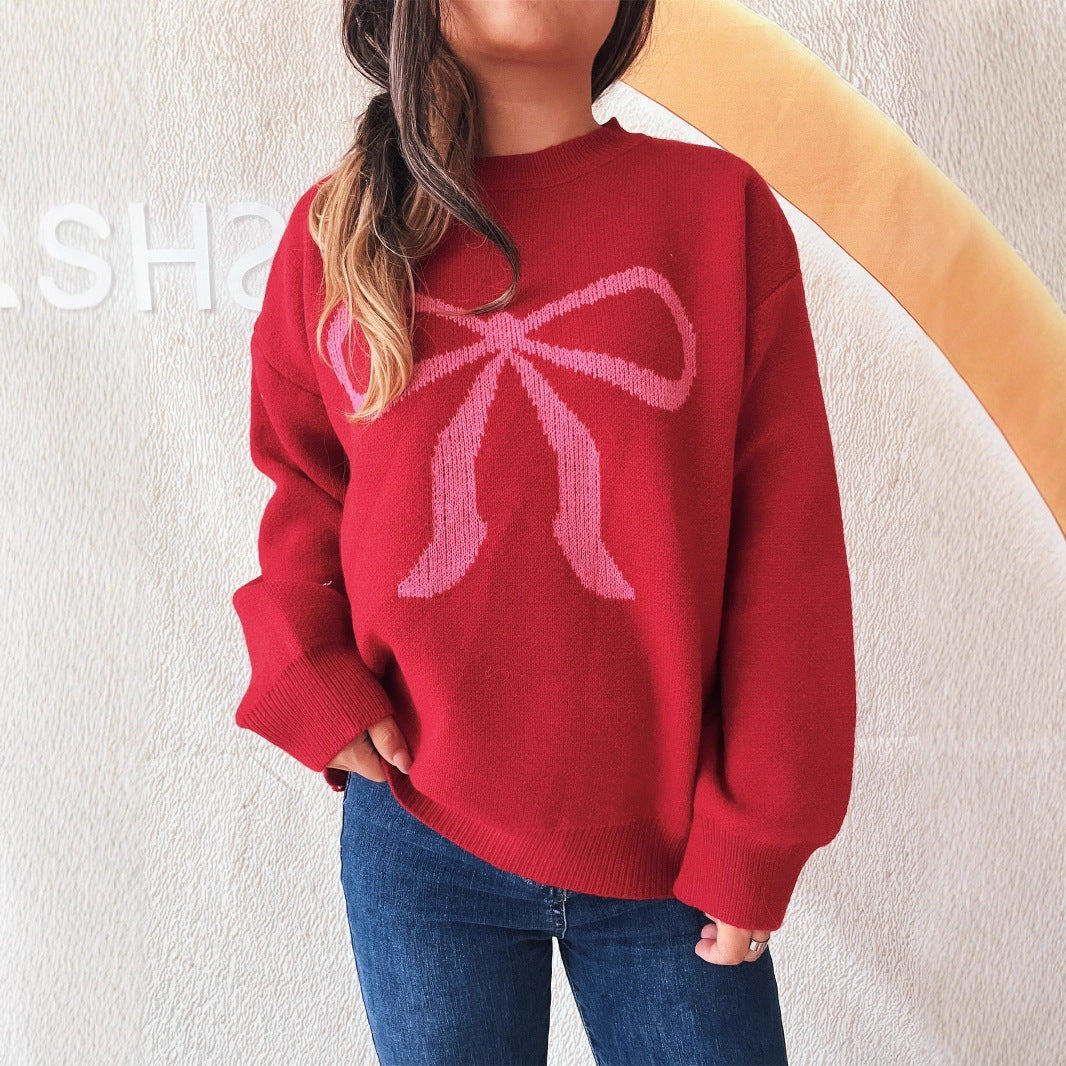 Women's Round Neck Bow Long Sleeve Warm Sweater