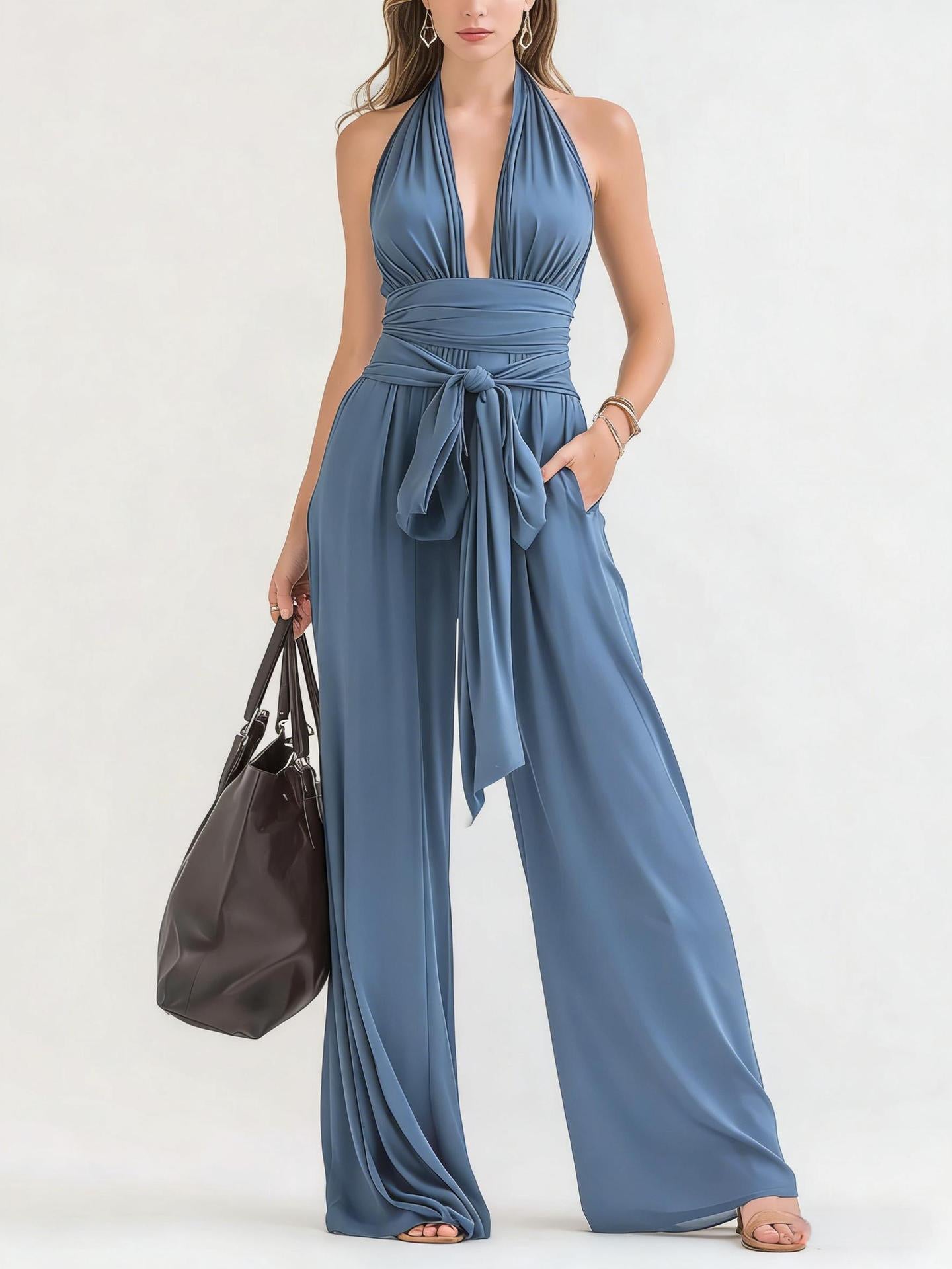 Halter-Neck V-Neck Solid Jumpsuit