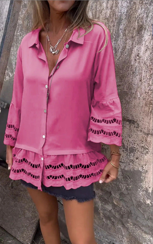 Lapel Long Sleeve Lace Ruffles Lotus Leaf Loose Shirt