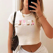 Slim-Fit Cropped Short Sleeve Top – Western Cowboy White